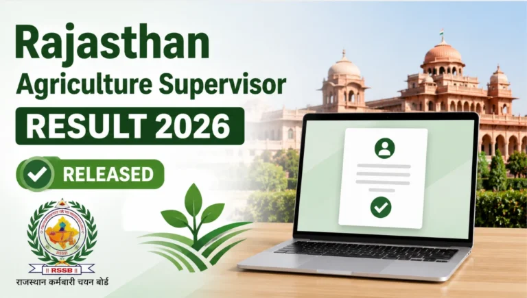 Rajasthan Agriculture Supervisor Result 2026 featured image showing result release announcement, RSSB branding, agriculture theme, and online result verification portal.