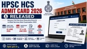 HPSC HCS Admit Card 2026 featured image displaying Haryana Civil Services Mains examination hall ticket release, exam dates, selection process, and official HPSC recruitment details