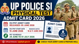 UP Police SI Physical Test Admit Card 2026 featured image showing Uttar Pradesh Police personnel, DV/PST admit card release date, PET schedule, and official recruitment details.