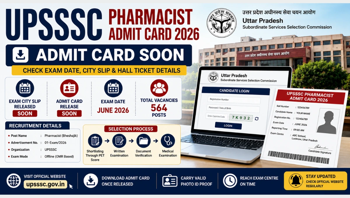 UPSSSC Pharmacist Admit Card 2026 featured image showing upcoming hall ticket release, exam date, city intimation slip details, 564 vacancies, and recruitment process information.