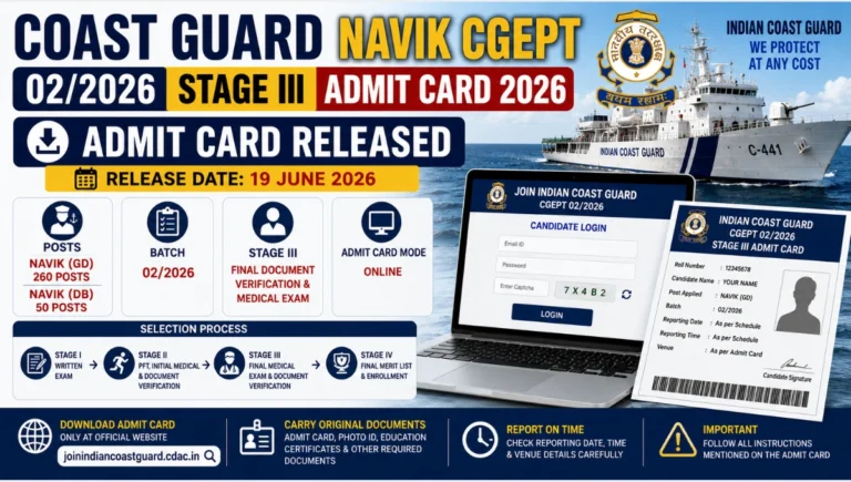 Indian Coast Guard Navik CGEPT 02/2026 Stage III Admit Card 2026 featured image showing hall ticket release, Stage III selection process, vacancy details, and candidate login portal.