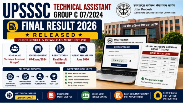 UPSSSC Technical Assistant Group C 07/2024 Final Result 2026 featured image showing final merit list release, result PDF download, selection process, and candidate login portal.