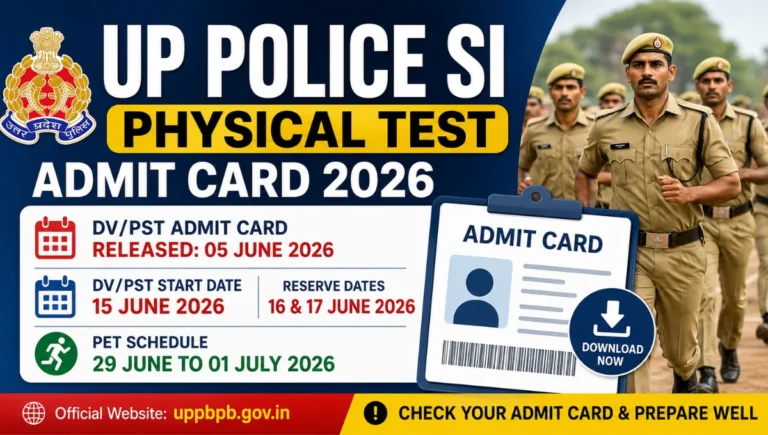 UP Police SI Physical Test Admit Card 2026 featured image showing Uttar Pradesh Police personnel, DV/PST admit card release date, PET schedule, and official recruitment details.
