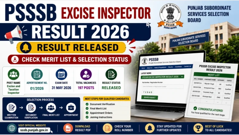 PSSSB Excise Inspector Result 2026 featured image showing result release announcement, merit list PDF download, selection status check, and Punjab Subordinate Services Selection Board recruitment details.