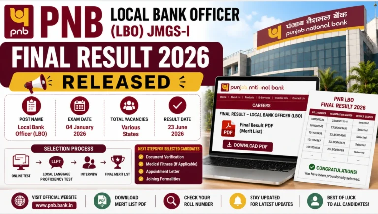 PNB LBO Final Result 2026 featured image showing Local Bank Officer merit list release, result PDF download, selection process, and Punjab National Bank recruitment updates
