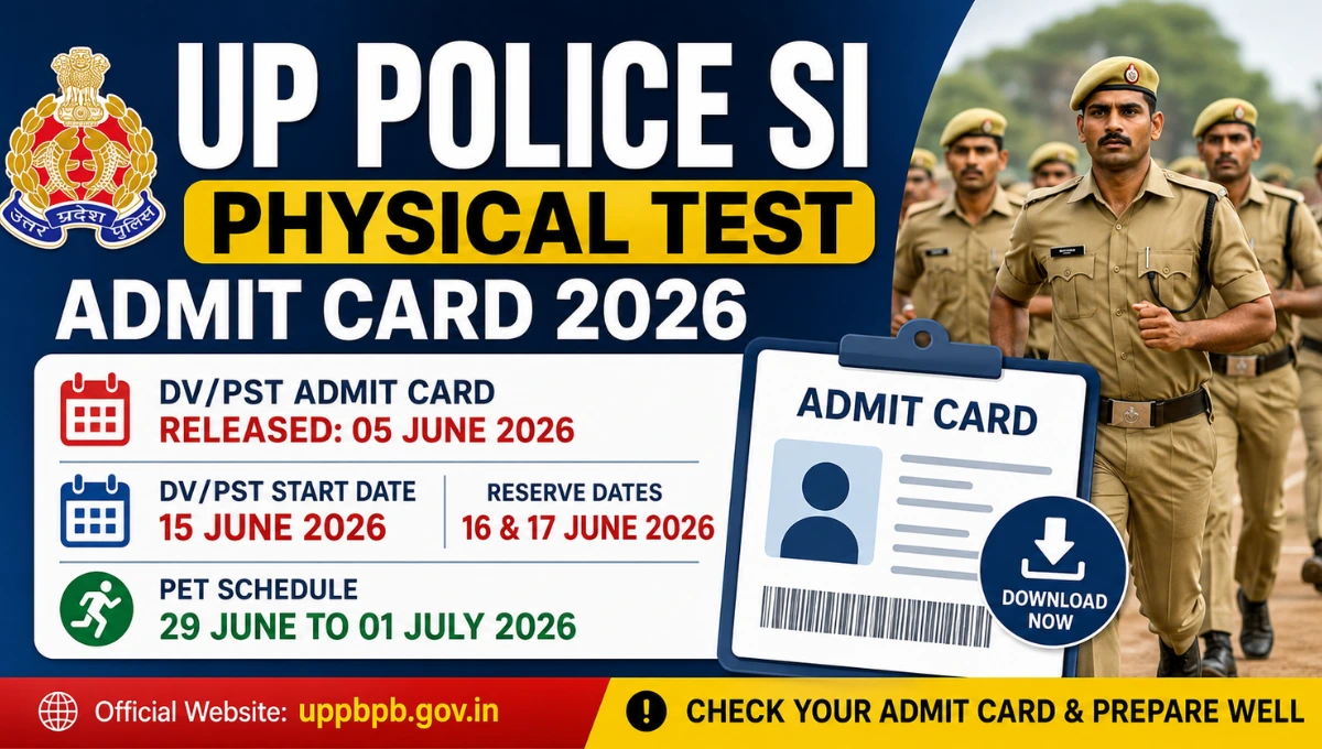 UP Police SI Physical Test Admit Card 2026 featured image showing Uttar Pradesh Police personnel, DV/PST admit card release date, PET schedule, and official recruitment details.