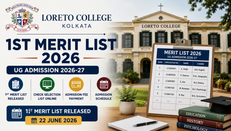 Loreto College 1st Merit List 2026 featured image showing UG admission merit list release, selection status check, admission fee payment, and college admission process.