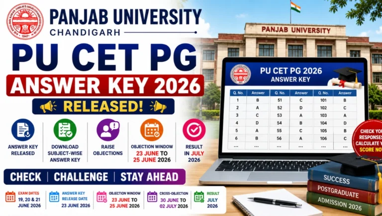 PU CET PG Answer Key 2026 featured image showing Panjab University answer key release, postgraduate entrance examination, response verification, and objection submission process.