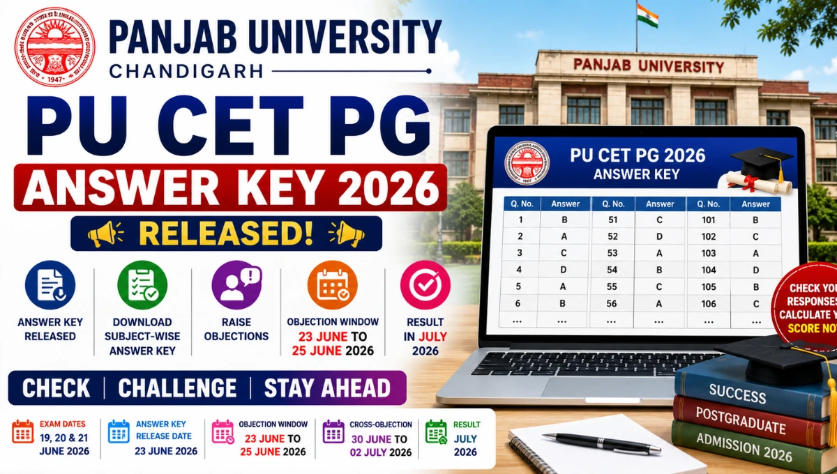 PU CET PG Answer Key 2026 featured image showing Panjab University answer key release, postgraduate entrance examination, response verification, and objection submission process.