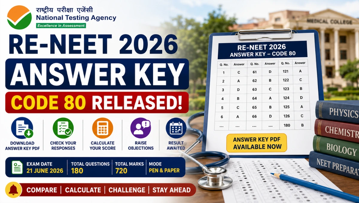 RE-NEET 2026 Answer Key Code 80 featured image showing NTA answer key release, medical entrance exam response sheet, score calculation, and objection process.